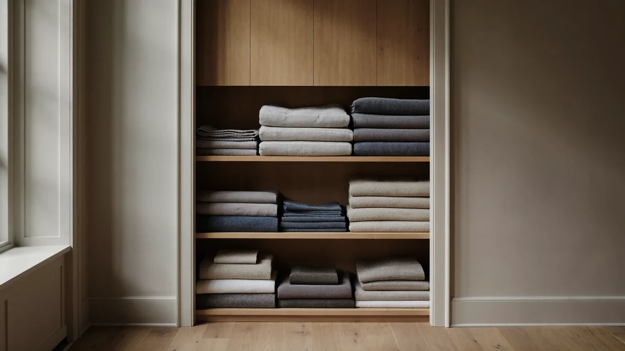 Placard à linge rangé avec serviettes et draps pliés en tons sourds.